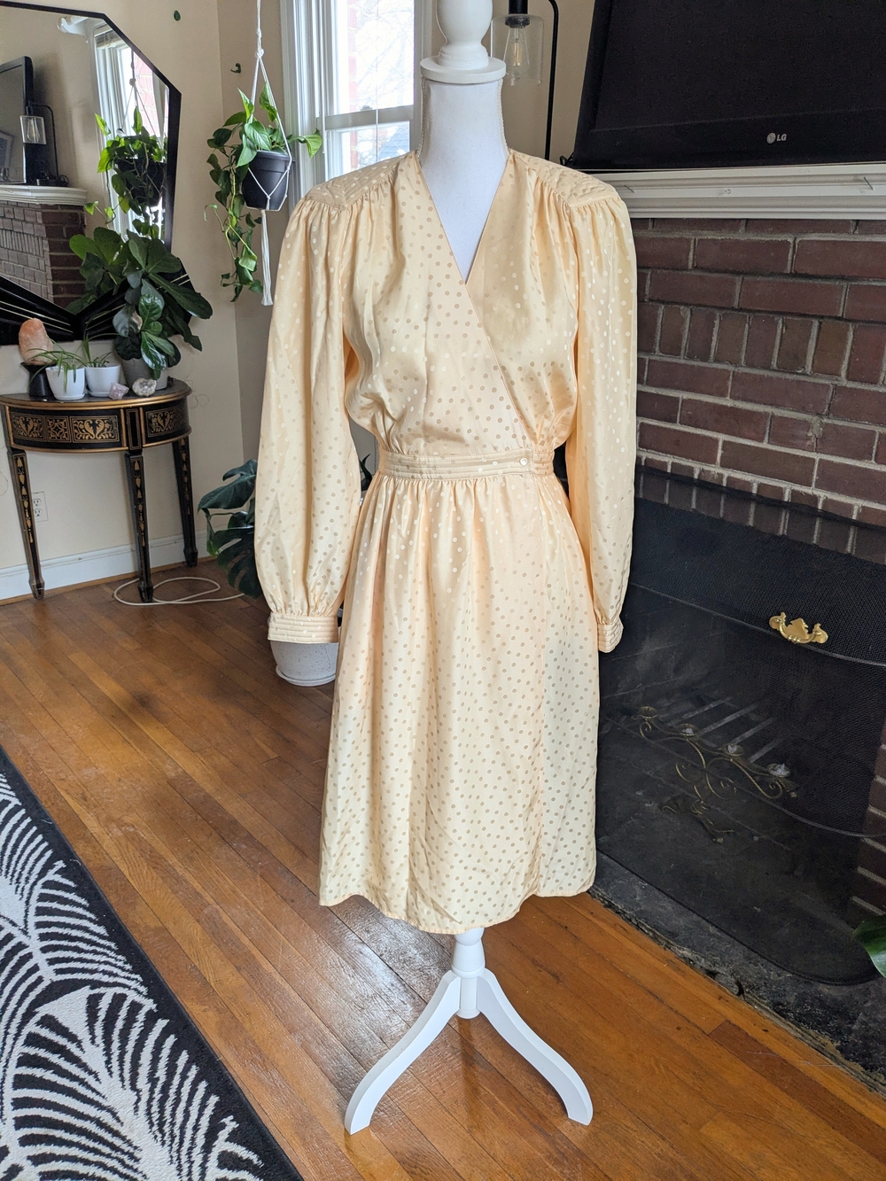1980s Pierre Cardin Boutique Cream Silk Polkadot Wrap Dress